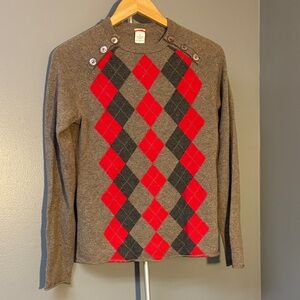 J Crew Cashmere Brown Argyle Sweater with Red and Dk Brown Accents